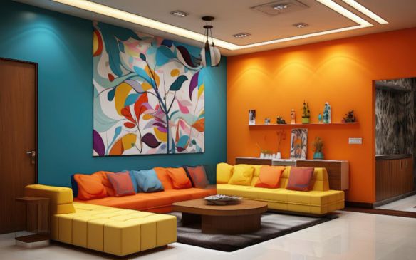 A vibrant living room with furniture in shades of orange, yellow, and blue.