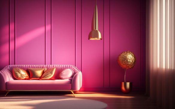 A pink living room with a sofa and gold lamp, showcasing a cozy and elegant home painting.