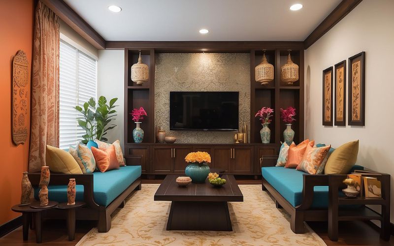 A living room with blue couches and orange accents, designed using the golden ratio principle.