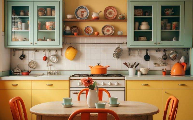 Yellow crockery cabinets and orange chairs in a modern modular kitchen.