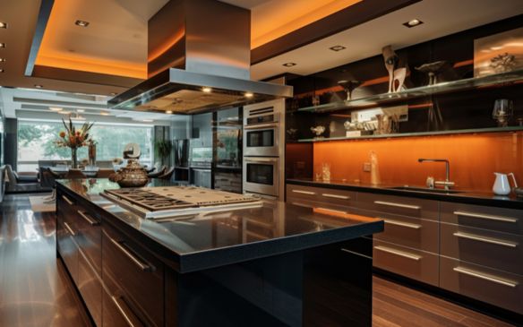 A contemporary kitchen featuring a sleek black counter top and an island.