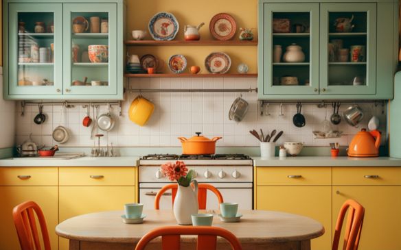A modular kitchen with yellow crockery cabinets and orange chairs